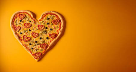 Heart shaped pizza on flat yellow background. Generative AI.