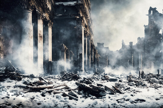bomb,bombed,airstrike,war, city,ruins,destroyed,no people,destruction,smoke,fog,stone,scrap,junk,
snow,winter,cold,ice,
wallpaper, background, card, 3d, graphic, illustration, copy space, editable, ge
