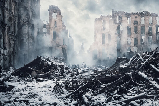 bomb,bombed,airstrike,war, city,ruins,destroyed,no people,destruction,smoke,fog,stone,scrap,junk,
snow,winter,cold,ice,
wallpaper, background, card, 3d, graphic, illustration, copy space, editable, ge