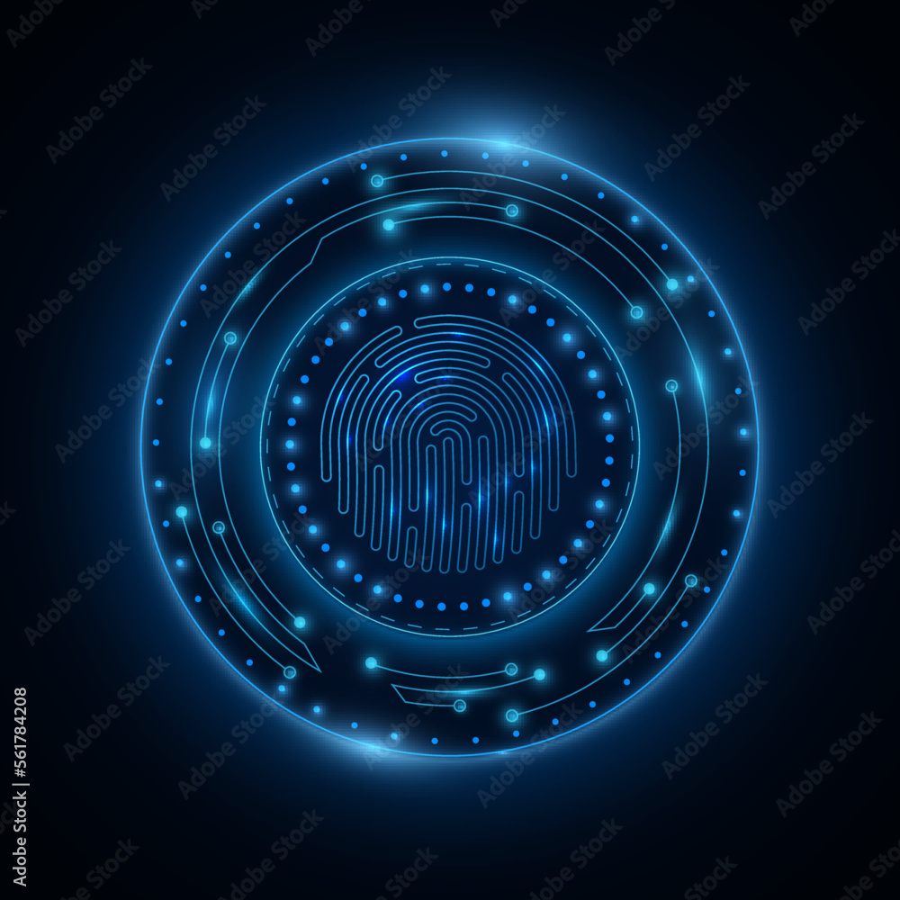 Poster fingerprint verification with glowing sci-fi hud for user interface. biometrics check. storage of ne