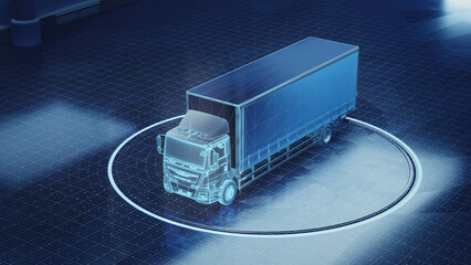 Concept truck hologram 3d rendering. Modern high-speed truck with trailer in motion with technology lights background 3d render