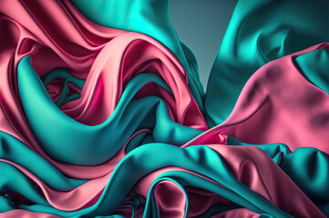 Floating pink and turquoise fabric background texture. Generative AI