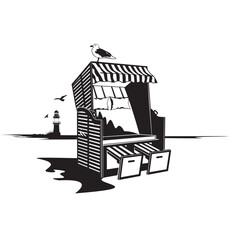 Obraz premium Strandkorb an der Ostsee mit Leuchtturm und Möwen