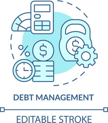 Debt management turquoise concept icon. Treasury management system function abstract idea thin line illustration. Isolated outline drawing. Editable stroke. Arial, Myriad Pro-Bold fonts used