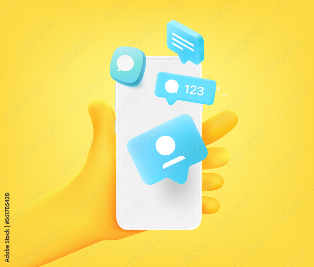Poster receiving messages via social media on smartphone. 3d vector illustration