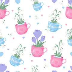 seamless pattern with spring snowdrop and crocuses