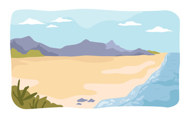 Seascape and landscape of beach or coast with bush greenery and mountain range. Setting for summer vacation, scene with summer beach nature. Vector in flat style