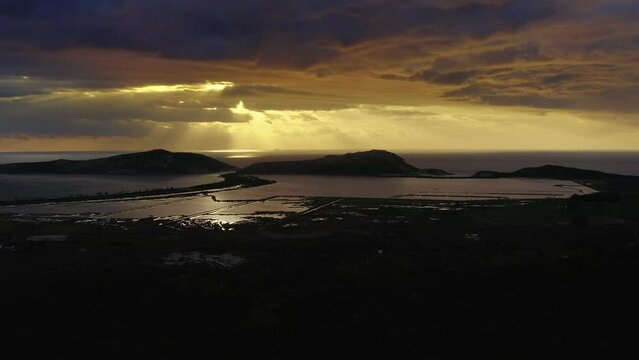 Aerial view of sunset over the lagoon of Pylos