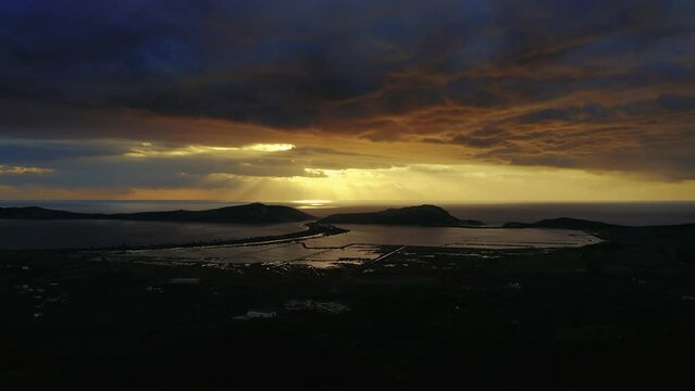Sunset over the lagoon of Pylos, drone view