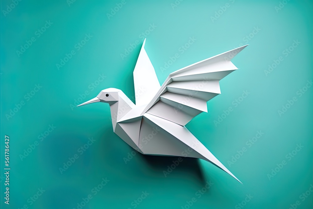 Poster copy space next to a white origami bird on a turquoise background. folded paper bird with a simple d