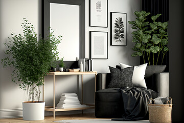 Modern scandinavian home interior with mock up photo frame, design wooden commode, plants in black pots, gray sofa, books and personal accessories. Stylish home decor. Template. Ready to use