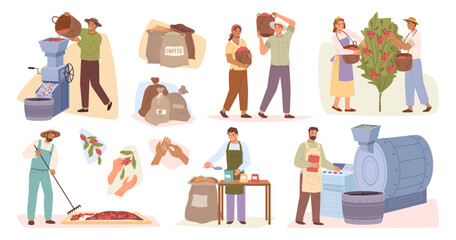 Agricultural business, people growing coffee beans at farm. Production of arabica or robusta, grinding and selling. Farmers working at factory. Vector in flat style