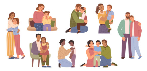 Crying children being comforted by parents. Mother and father hugging and cuddling kid, soothing and calming down, quieten infants. Vector happy families in flat style