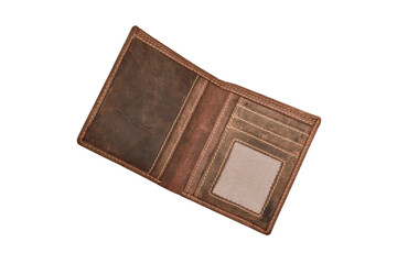 Empty leather wallet isolated on white background with clipping path