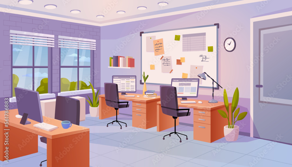 Poster Interior of office with workspace and board for tasks and ideas. Room with computers on desks and comfortable chairs, office supply. Vector in flat style