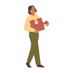 Female character with jigsaw puzzle in hand, solving problem and finding solution. Woman working on mental health betterment, wellness. Vector in flat style