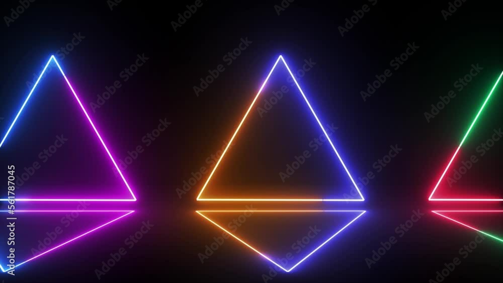 Poster glowing neon triangles moving seamless loop animation on black background. ultraviolet colorful neon