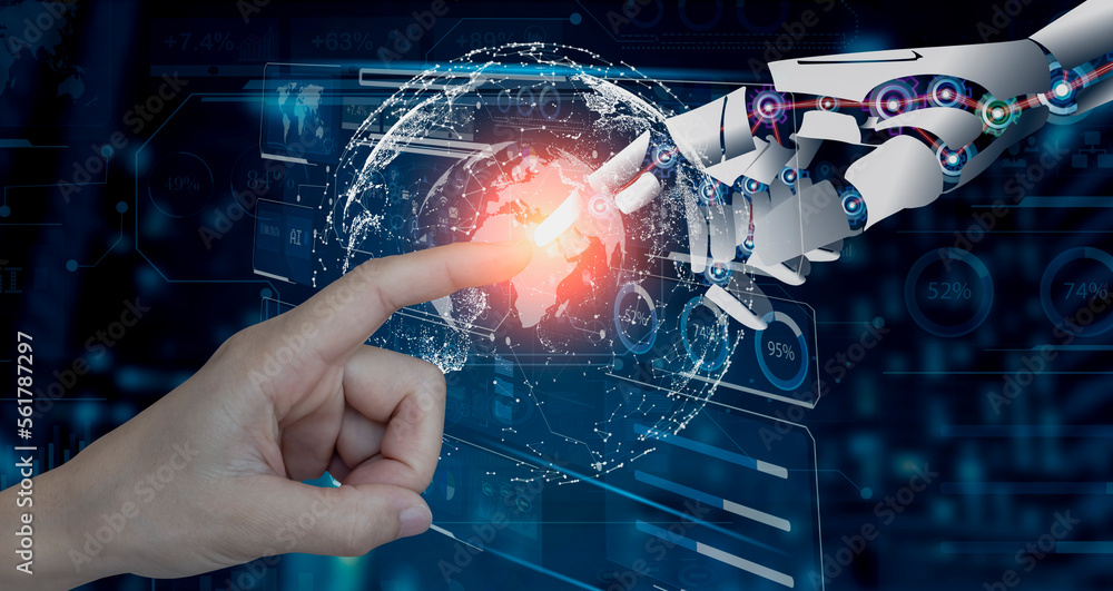 Aufkleber 3d rendering of robot hand vs human hand touching digital world and virtual graphic interface and ar