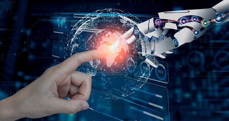 3D rendering of robot hand vs human hand touching digital world and virtual graphic interface and...