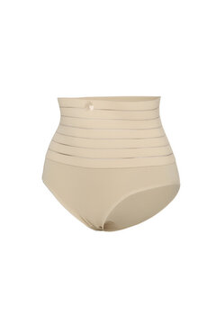 Detail shot of beige high shapewear panties with a wide striped elastic band and a bow. Slimming lingerie is isolated on the white background. Side view.