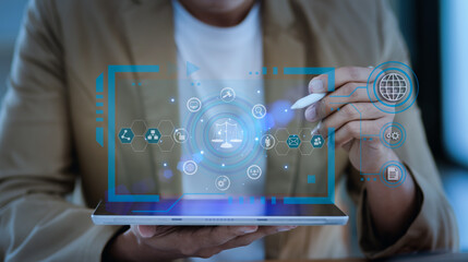 Concepts of Law and Legal services. Lawyer working with law interface icons. Blurred background,...