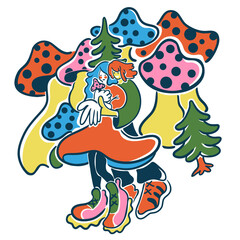 couple of lovers embrace. against the background of a girl and a guy are giant mushrooms. Cartoon people full body