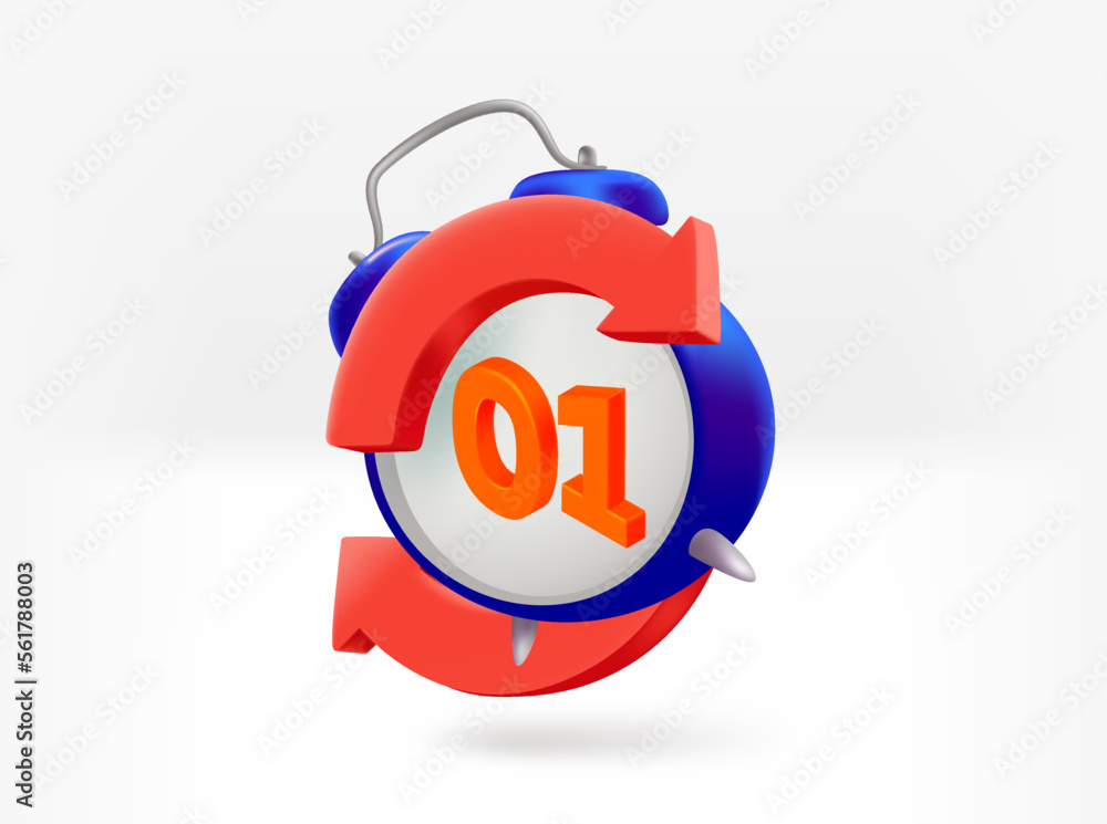 Poster Alarm clock with arrows and count. 3d vector isolated illustration