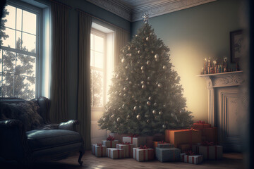 Christmas tree with presents underneath in living room. Generative AI