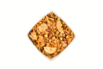 Navratan namkeen in bowl isolated on white background with clipping path