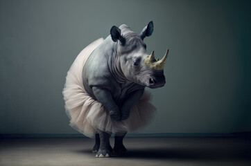 Rhinoceros wearing a ballet tutu costume. Generative AI - obrazy, fototapety, plakaty