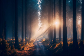 Landscapes with forests in the fog, mysterious forests