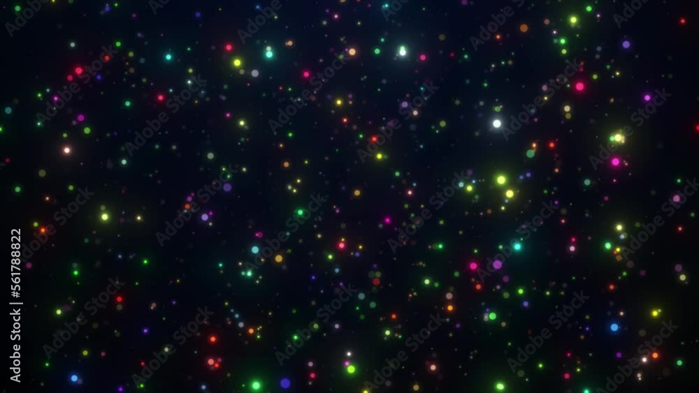 Poster bokeh glowing particle falling on black background. colorful circle particle floating in air, shiny 