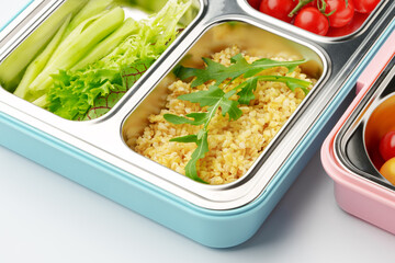 Many containers with delicious healthy food for background