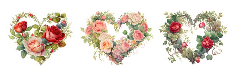 Collection of romantic heart vignettes made of vintage flowers and leaves of roses in gentle retro style watercolor painting generative AI art