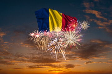 Flag of Chad and Holiday fireworks in sky