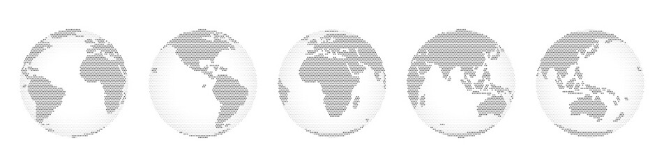 World map with continents, land and water mass monochrome. Isolated icons of Earth globes with digital dots and lines. Geography vector 3d realistic style