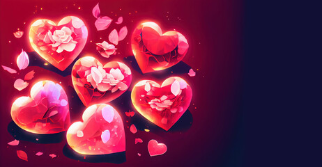 Glowing pink crystal glass hearts with flowers and petals banner with copy space generative AI art Valentine watercolor illustration