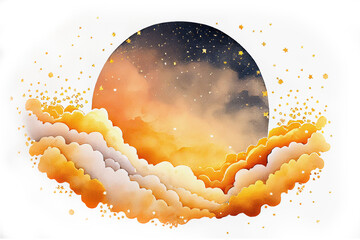 Round vignette of starry night sky as moon or sun with clouds and stars in sunset colors, copy space generative AI art	 - 561789097