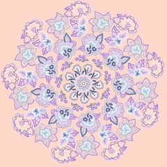 Round pattern of floral and abstract elements in blue shades on a pink background for decoration.