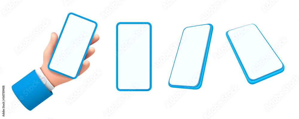 Poster Hands holding smartphone with blank screen, empty display for copy space. Isolated gadget for advertisement, frame or banner. Vector illustration, 3d style