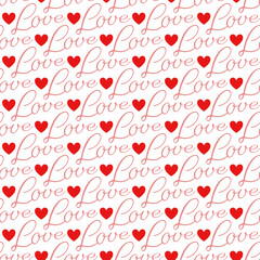 Seamless pattern of love words and hearts. Design for Valentine’s Day, wedding and mother’s day celebration, greeting card, home decor, textile, wrapping paper, scrapbooking.