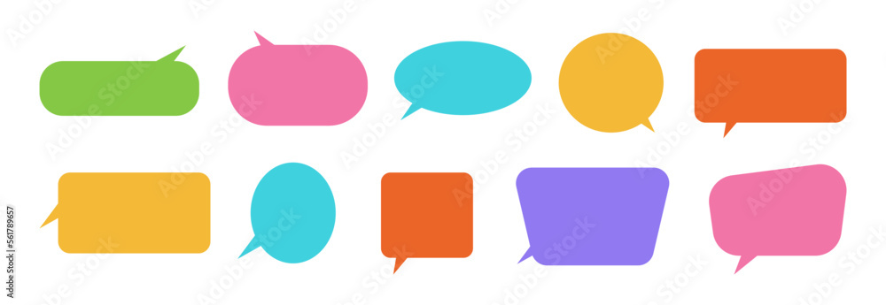 Poster Chatting boxes and speech bubbles, different shapes of colors, message box set. Rounded and rectangle balloons with copy space. Messaging and communication. Vector in realistic style
