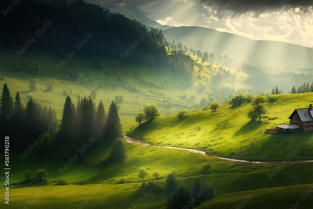 Poster beautiful green grass and a bright carpathian scenery in the early morning light. following a thunde