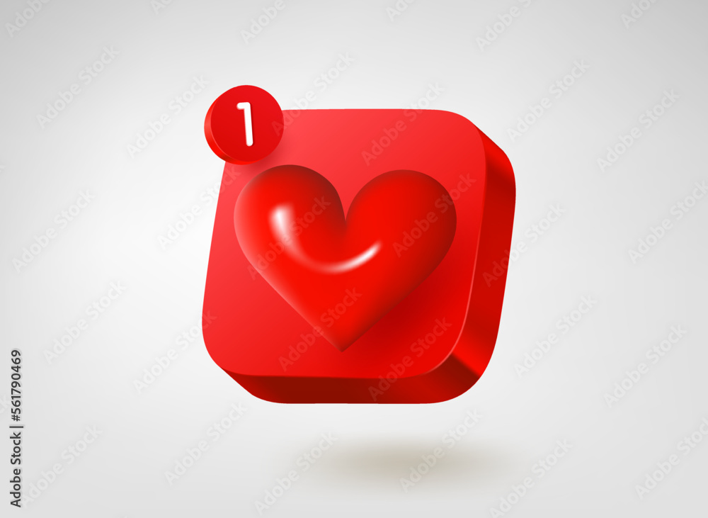 Poster Red button with heart. 3d vector mobile application icon