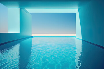 swimming pool with a blue surface and water in the background. Generative AI