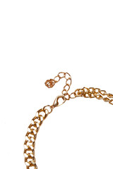 Subject shot of a metal golden double chain bracelet. The stylish elegant bracelet with a lobster clasp is isolated on the white background.