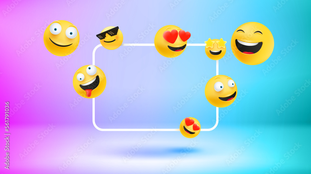 Aufkleber poster template with emojis and empty frame. new messages concept. vector 3d banner