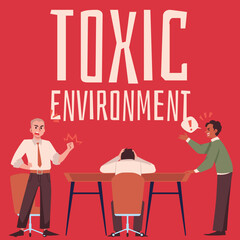 Toxic environment banner with arguing conflicting company employees, vector.