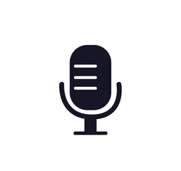 Black microphone on stand icon. Entertainment podcast and interview equipment with audio announcements and vector broadcast