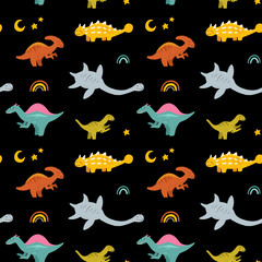 Vector seamless pattern with cute baby dinosaurs. Hand drawn spinosaurus, plesiosaurus, ankylosaurus, velociraptor, parasaurolophus. Set of flat cartoon dinosaurus.